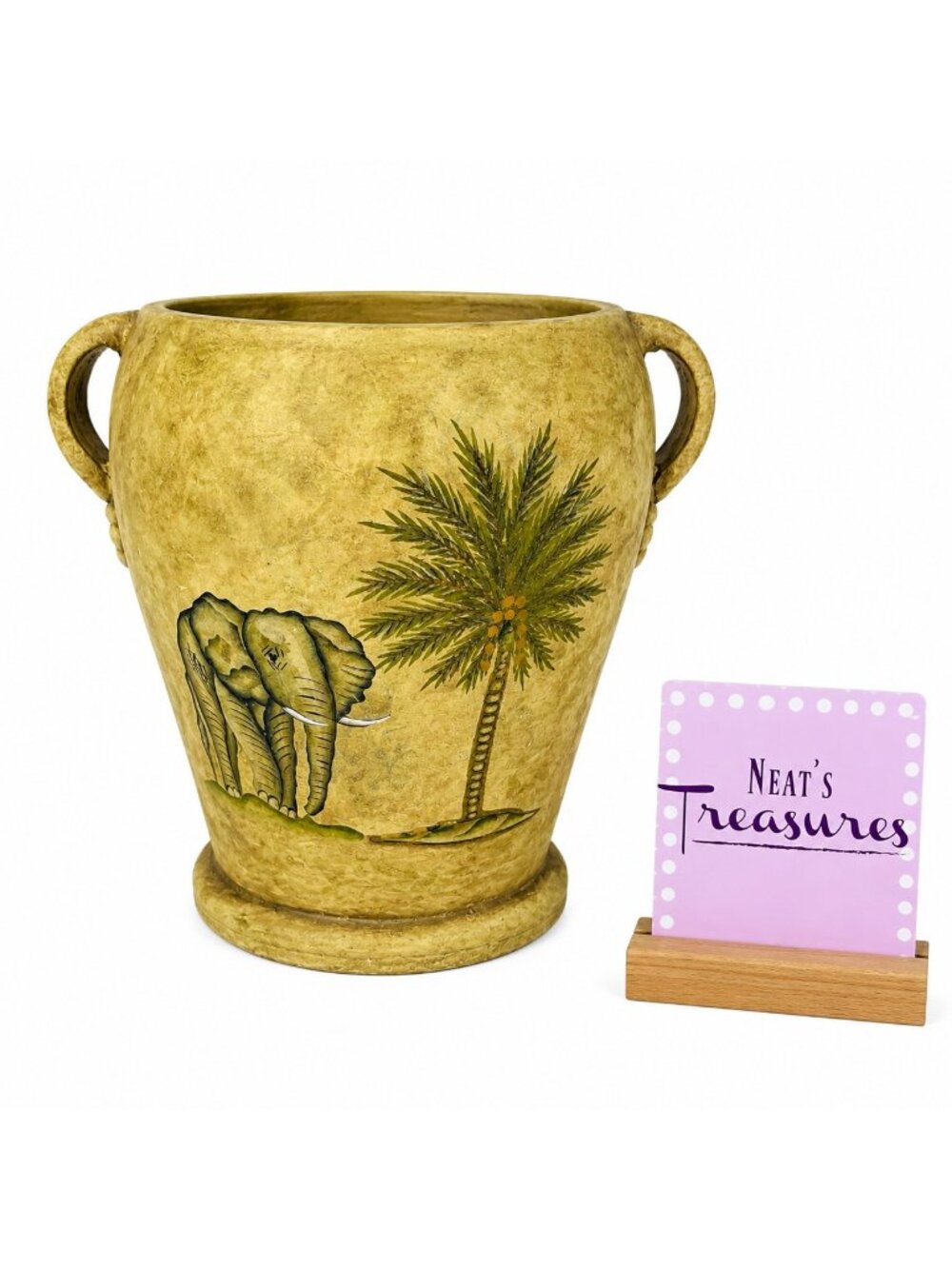 Jungle Inspired ELEPHANT PALM TREE Dual Handle Pottery Clay Home Decor Vase Urn